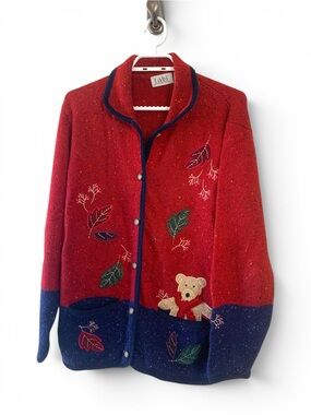 Tabi Vintage Red & Navy Teddy Bear Embroidered Cardigan Rare Unique